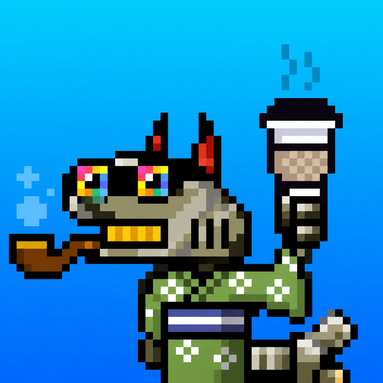 Pixel artwork for Water Dyno number 1358, a green robot dyno wearing rainbow glasses and holding a coffee cup